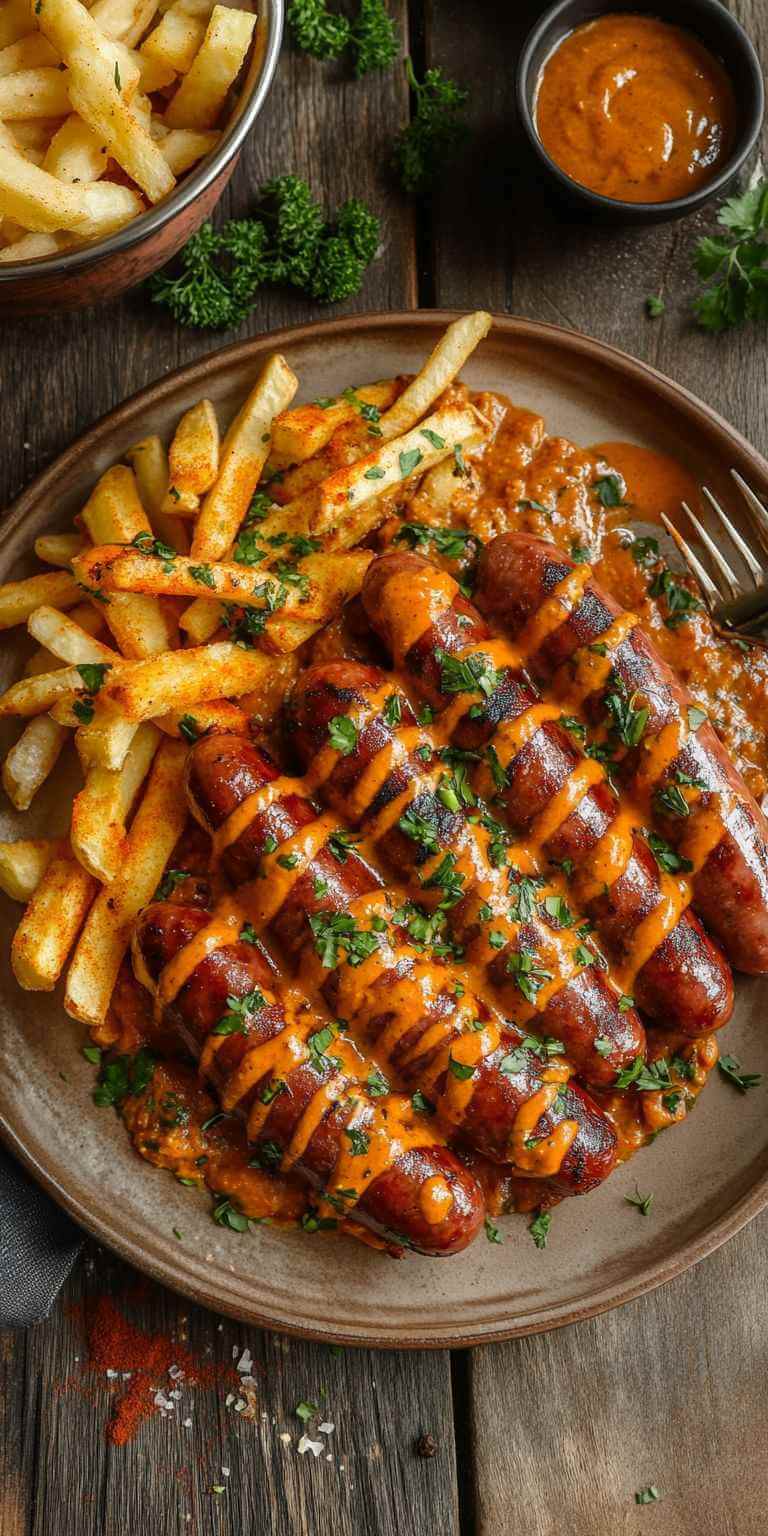Currywurst mit Pommes und Curry-Ketchup