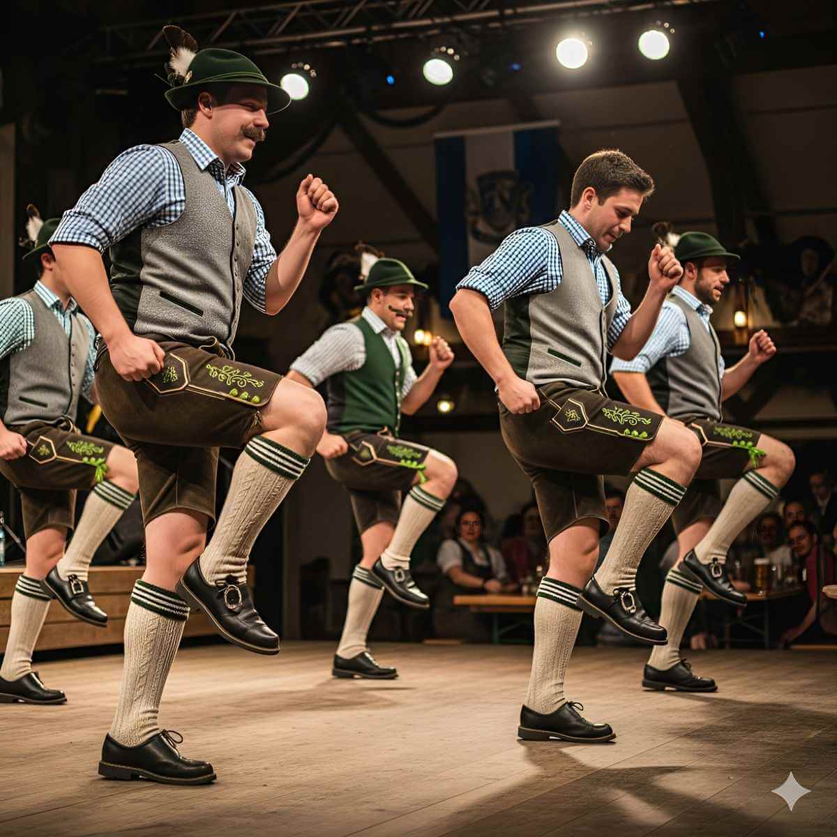 Weihnachtsmarktstand mit Lichtern und Holzarbeiten dekoriert