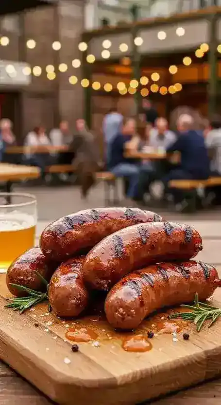 Bierkrüge und traditionelle deutsche Snacks auf einem Tisch