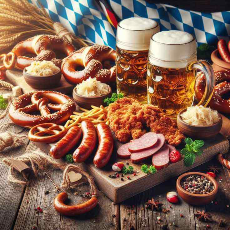 Gemischter deutscher Fleisch-Teller mit Gurken und Senf