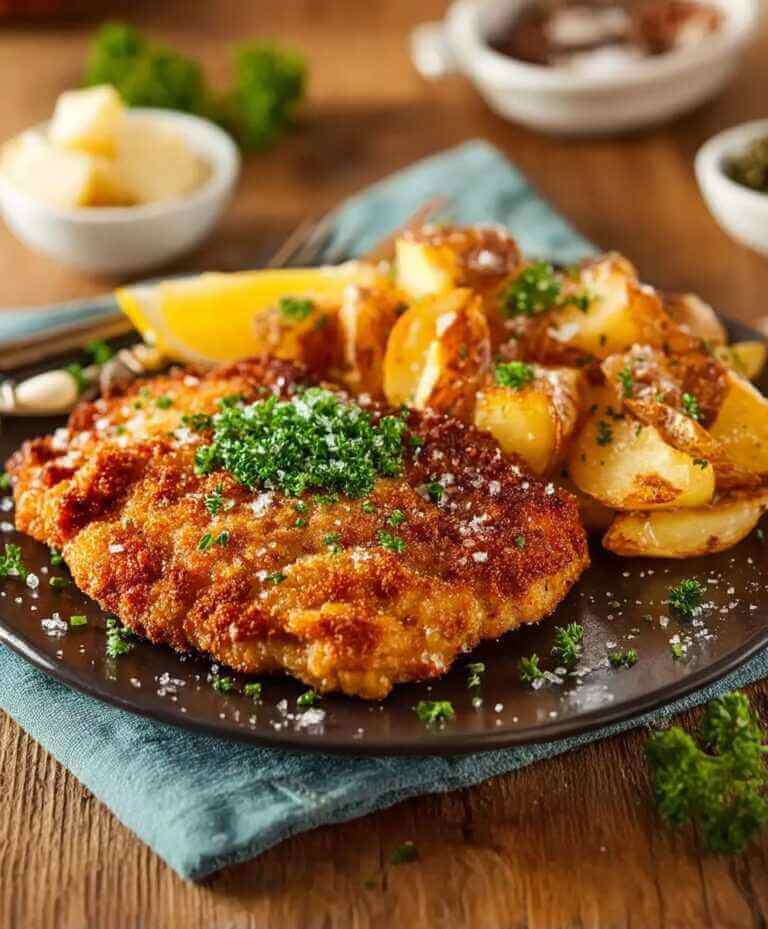 Knuspriges Schnitzel auf Teller mit Zitronenscheibe